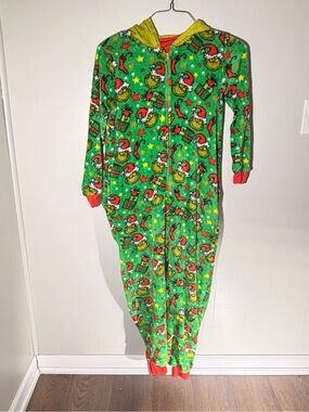 Dr. Seuss Grinch Green Fleece Hooded Onesie with Red Accents